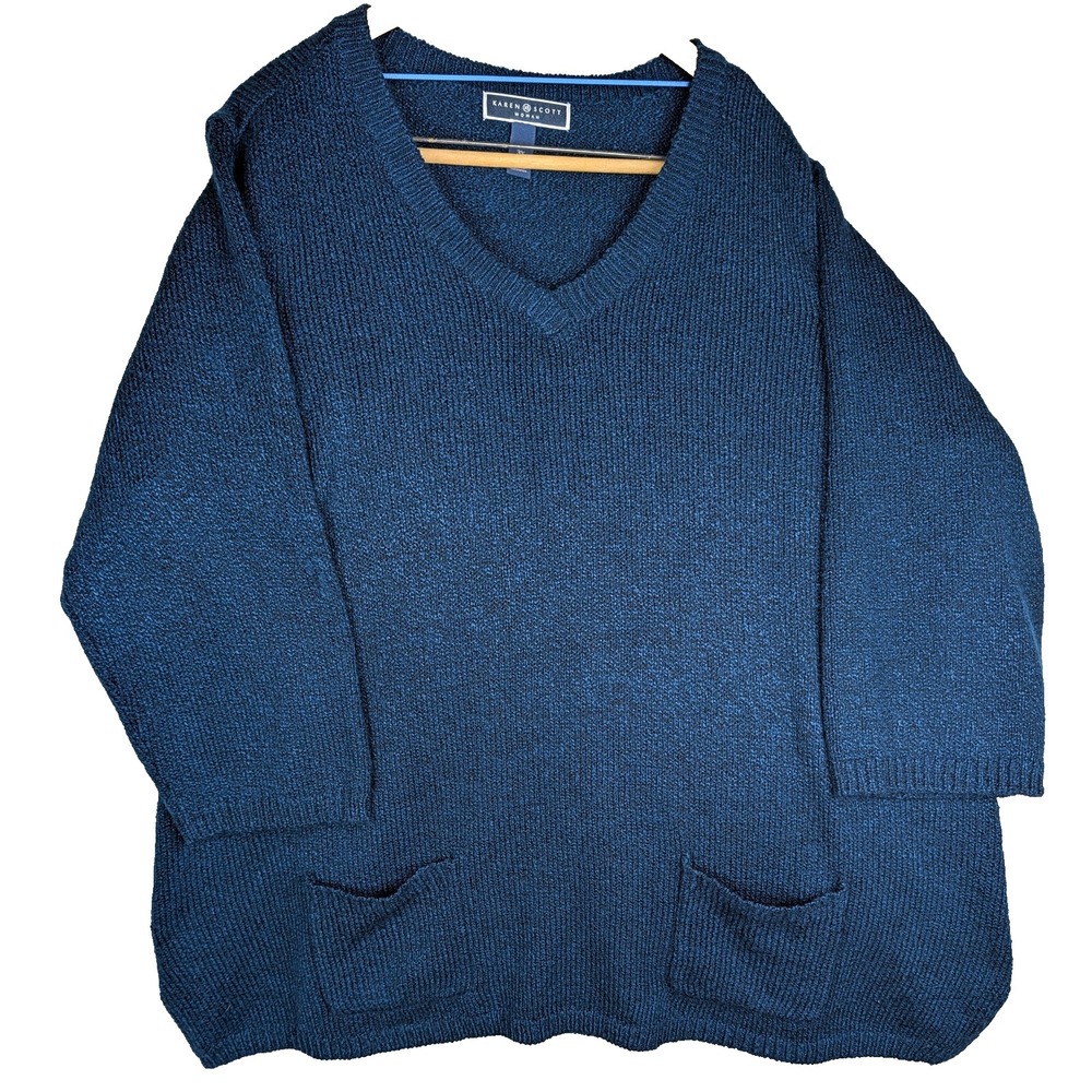 Karen Scott Sport Woman 3XL 3/4 Sleeve Marled Cobalt Blue Pockets 52" Chest
